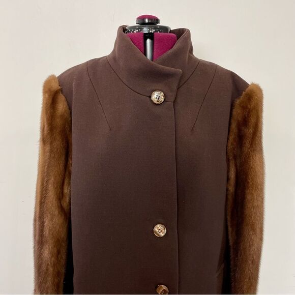 Vintage 1960s Brown Wool & Mink Collar Coat 60s  Winter Coat Diane Original XL - Picture 4 of 14